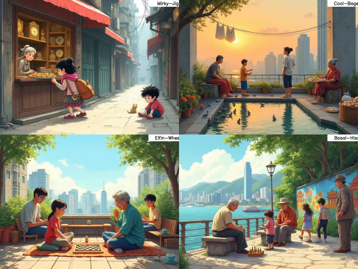 Sample HK-GenSpeech illustrations showing busy household scenes designed to prompt rich picture descriptions.